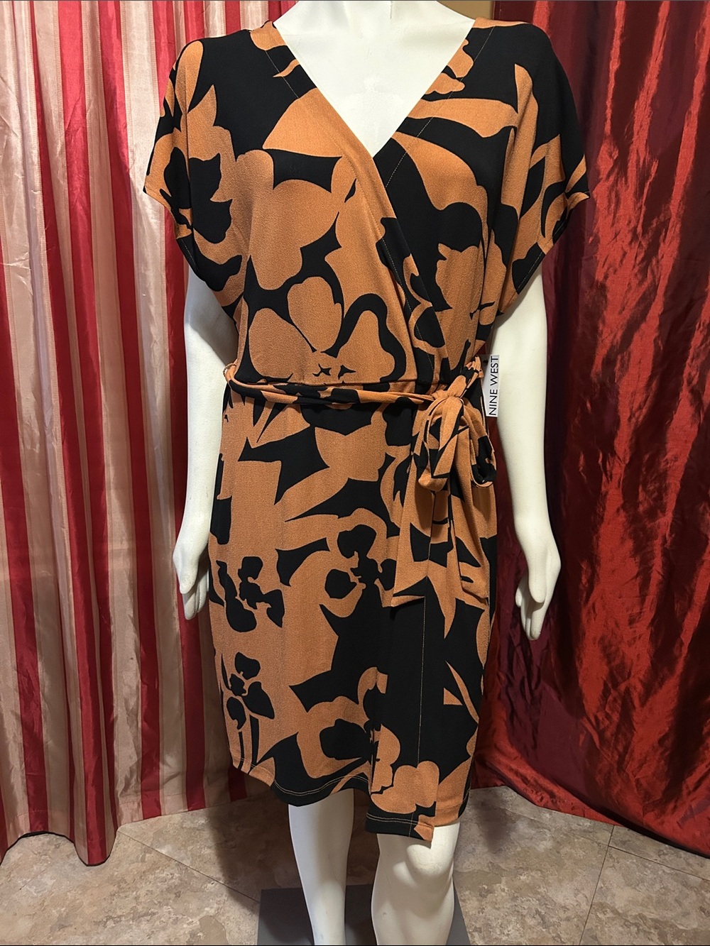 Nine West Black & Rust Brown Floral Wrap-Style Midi Dress